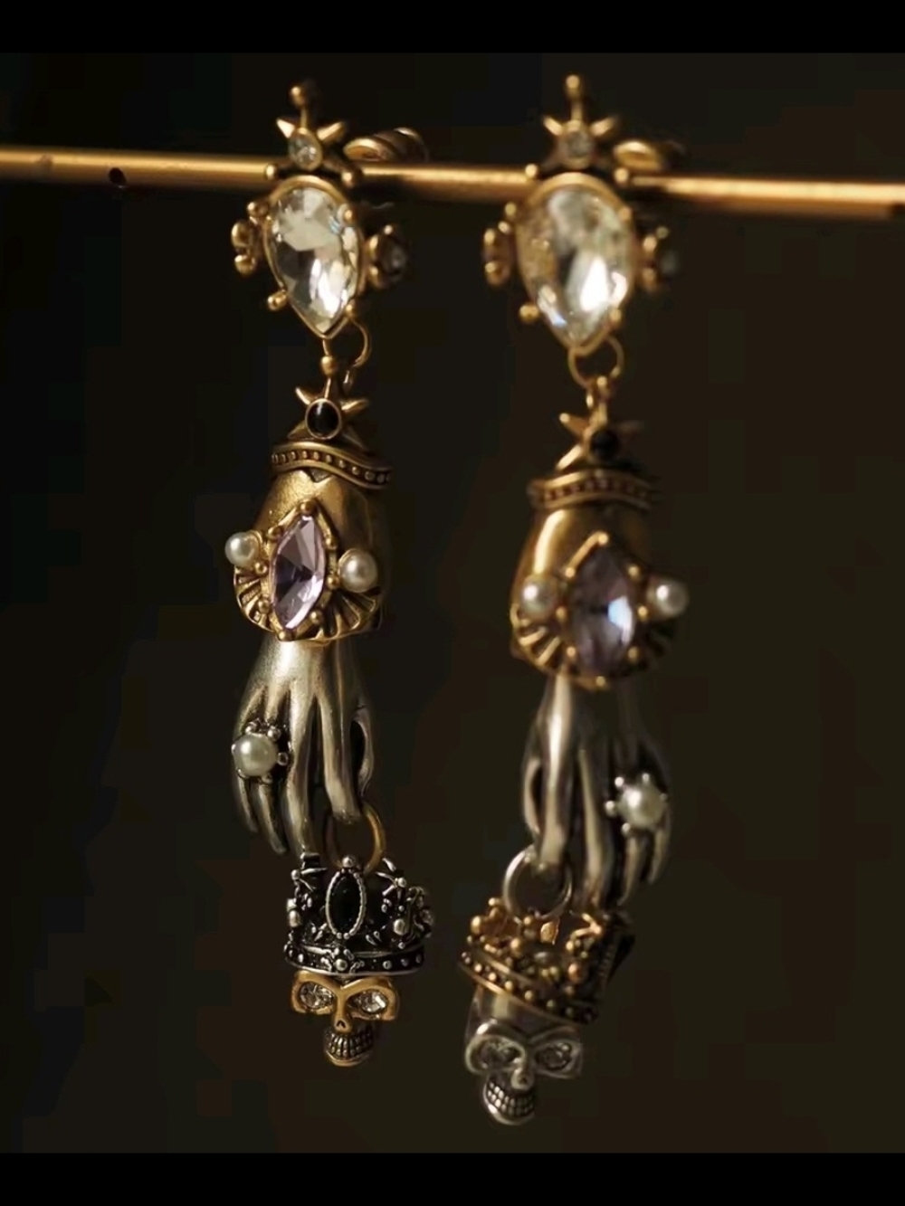 Gold and Silver Hand Drop Earrings with Purple and Clear Stones - Picture 3 of 9